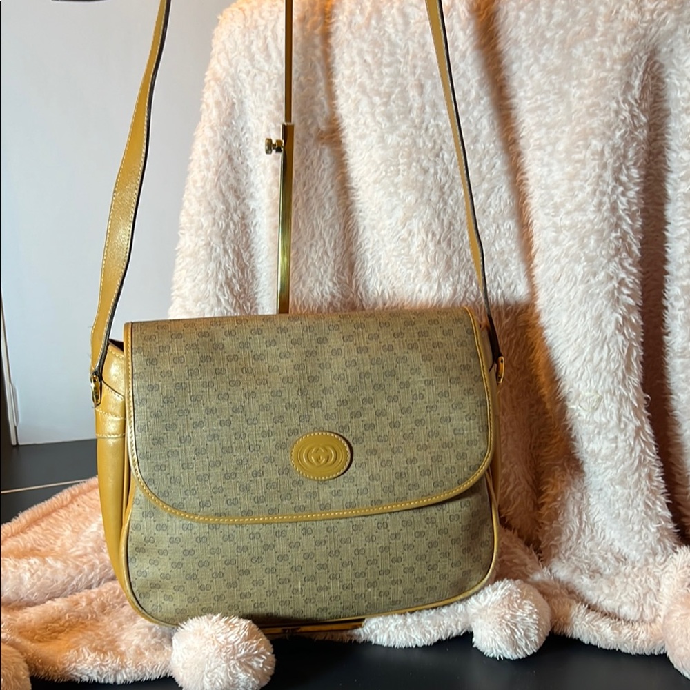 Gucci Tan Crossbody Bag with Monogram and Gold Accent